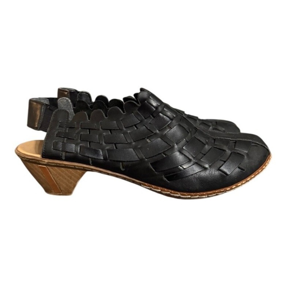Rieker Black Leather Woven Slingback Clogs Scalloped Block Heel Shoes Size 41
